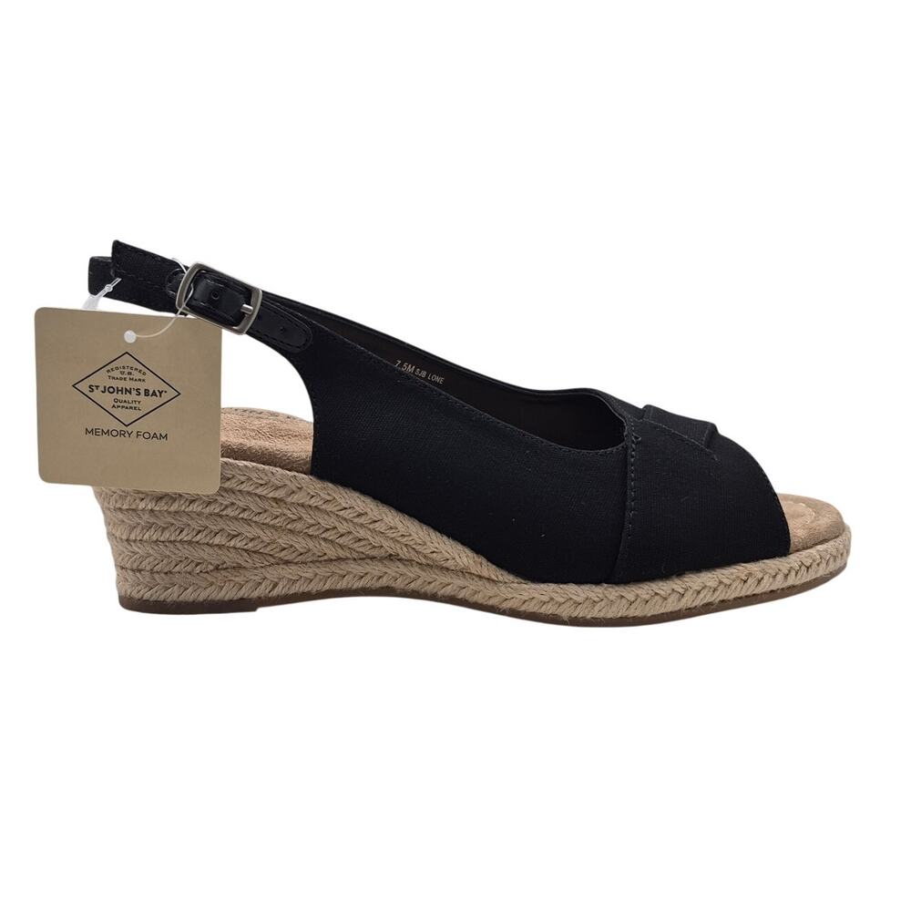 NEW St. John's Bay Lone Black Fabric Peep Toe Espadrille Wedge Sandals Size 7.5